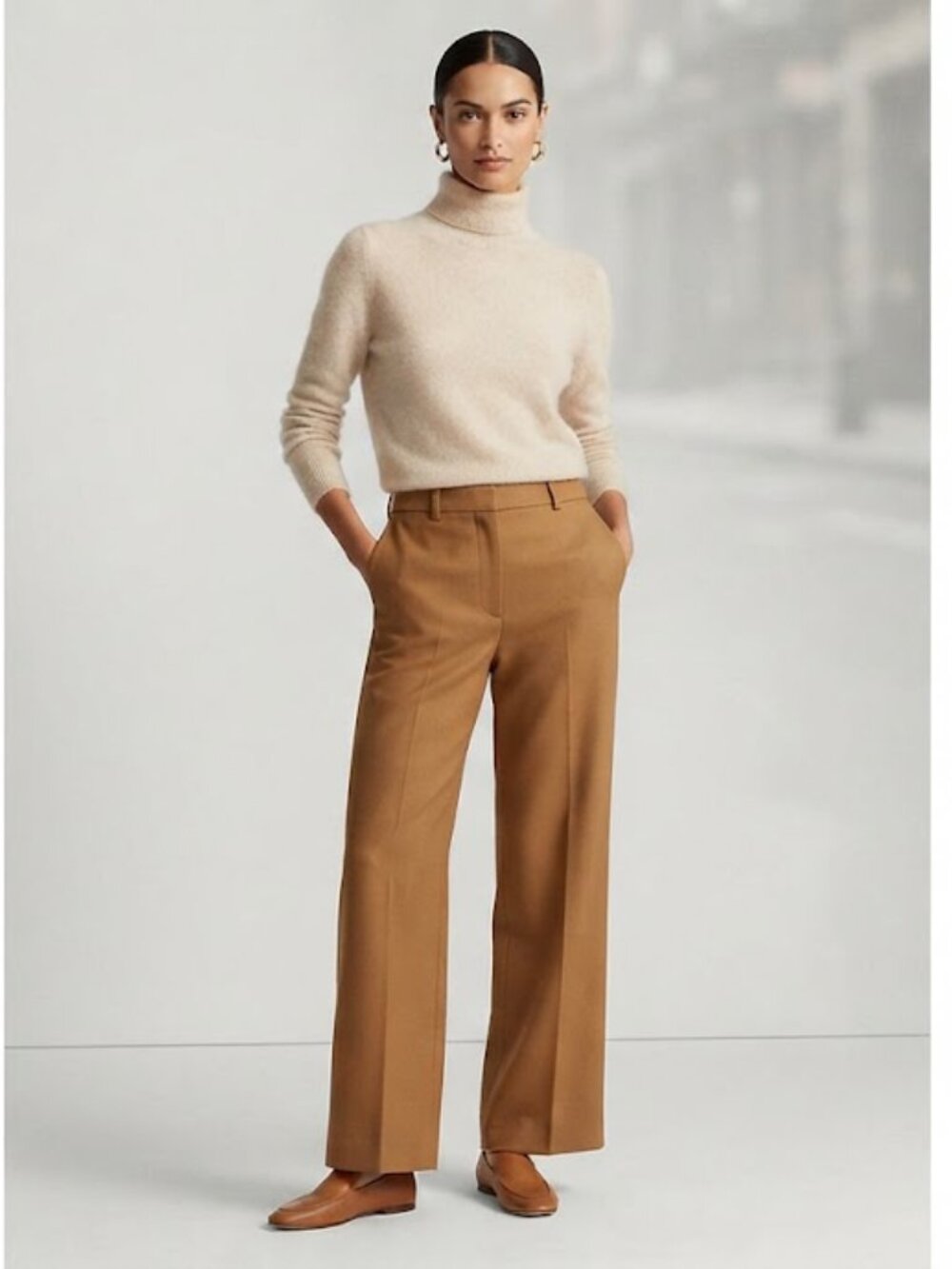 100% Superfine Merino Wool Turtleneck Sweater Oatmeal Beige Size S Seamless